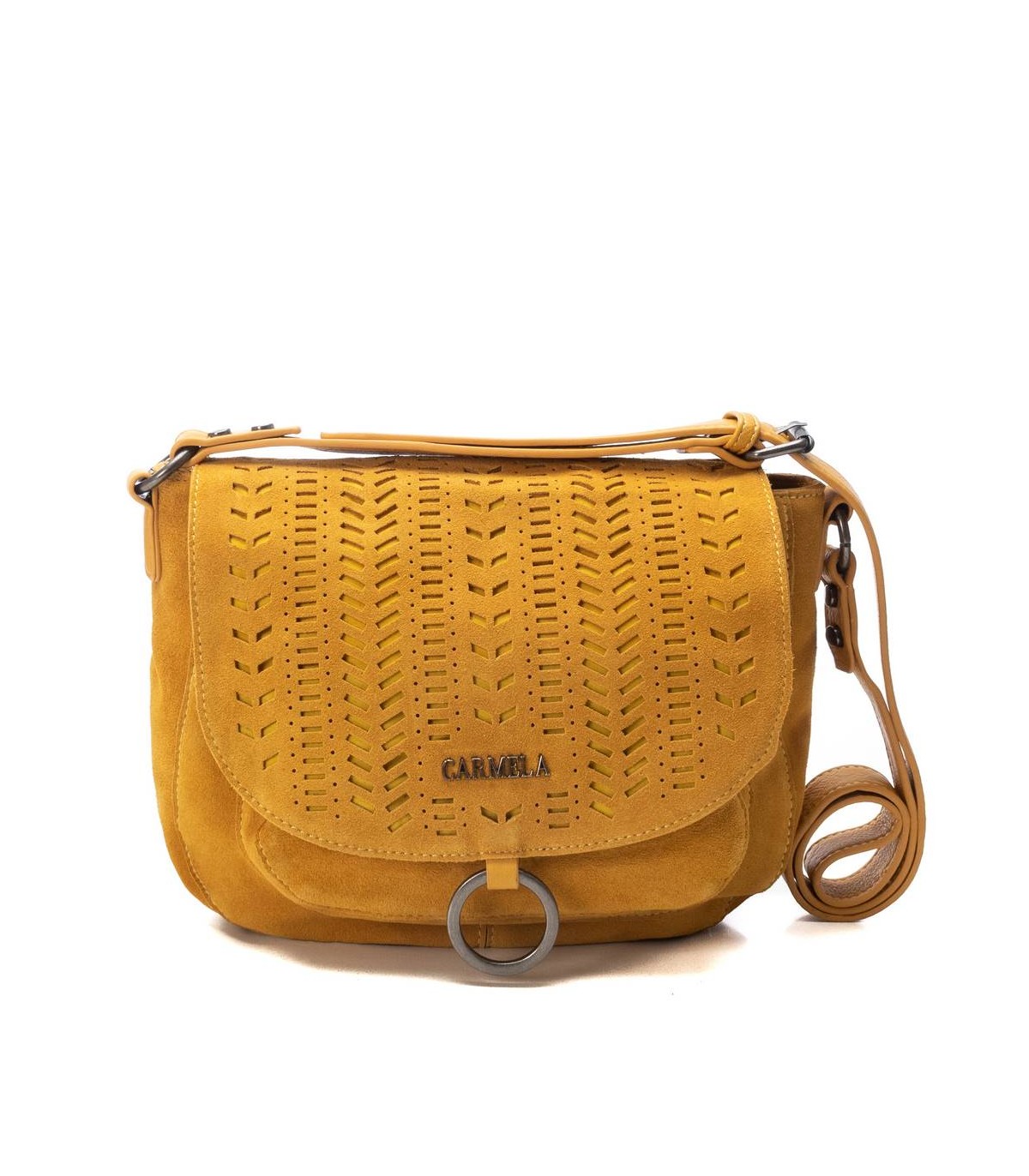 BOLSO CARMELA SERRAJE COMBINADO AMARILLO CON TAPA BANDOLERA | Mayka Moda  tienda online